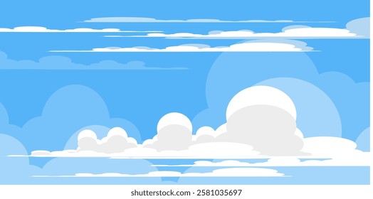 Sky with Clouds illustration in flat style. Sky and clouds background. Cloudy vector cartoon illustration in blue color. Nature abstract wallpaper.