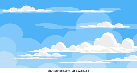 Sky with Clouds illustration in flat style. Sky and clouds background. Cloudy vector cartoon illustration in blue color. Nature abstract wallpaper.