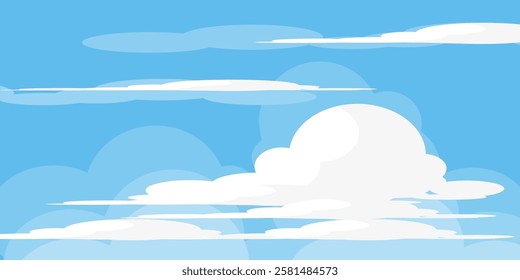 Sky with Clouds illustration in flat style. Sky and clouds background. Cloudy vector cartoon illustration in blue color. Nature abstract wallpaper.