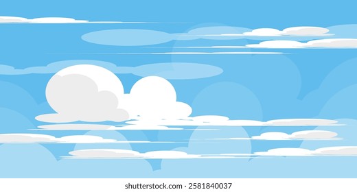 Sky with Clouds illustration in flat style. Sky and clouds background. Cloudy vector cartoon illustration in blue color. Nature abstract wallpaper.