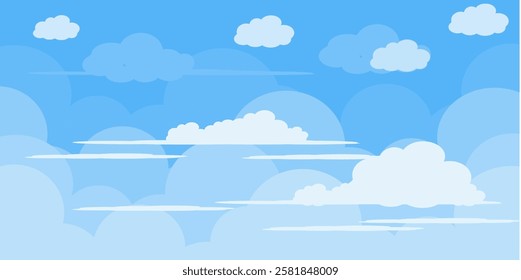 Sky with Clouds illustration in flat style. Sky and clouds background. Cloudy vector cartoon illustration in blue color. Nature abstract wallpaper.