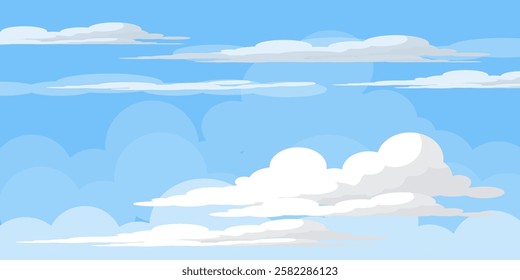 Sky with Clouds illustration in flat style. Sky and clouds background. Cloudy vector cartoon illustration in blue color. Nature abstract wallpaper.