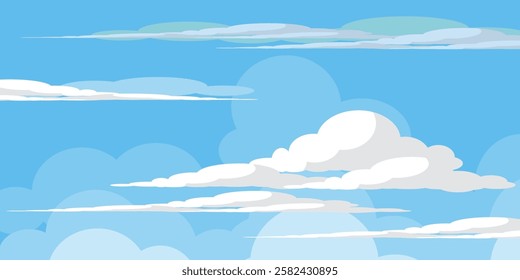 Sky with Clouds illustration in flat style. Sky and clouds background. Cloudy vector cartoon illustration in blue color. Nature abstract wallpaper.