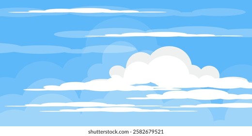 Sky with Clouds illustration in flat style. Sky and clouds background. Cloudy vector cartoon illustration in blue color. Nature abstract wallpaper.