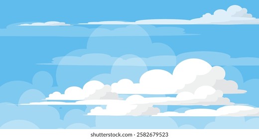 Sky with Clouds illustration in flat style. Sky and clouds background. Cloudy vector cartoon illustration in blue color. Nature abstract wallpaper.