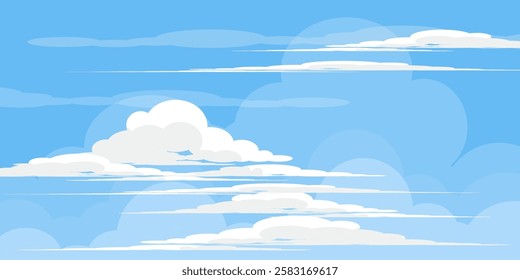 Sky with Clouds illustration in flat style. Sky and clouds background. Cloudy vector cartoon illustration in blue color. Nature abstract wallpaper.