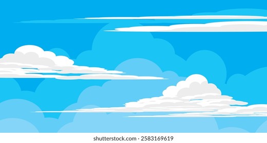 Sky with Clouds illustration in flat style. Sky and clouds background. Cloudy vector cartoon illustration in blue color. Nature abstract wallpaper.