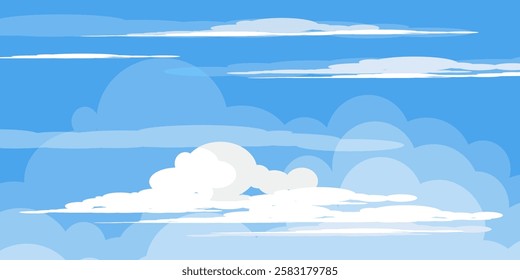 Sky with Clouds illustration in flat style. Sky and clouds background. Cloudy vector cartoon illustration in blue color. Nature abstract wallpaper.