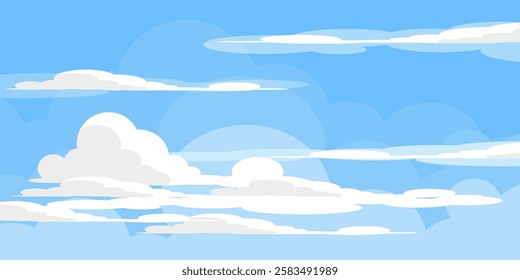 Sky with Clouds illustration in flat style. Sky and clouds background. Cloudy vector cartoon illustration in blue color. Nature abstract wallpaper.