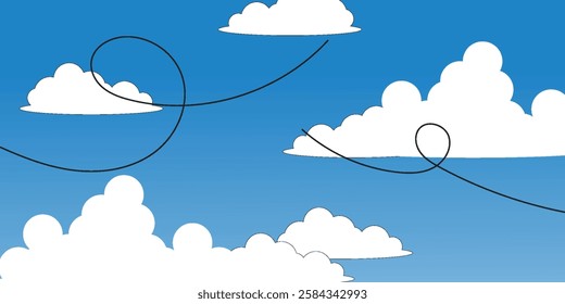 Sky with Clouds illustration in flat style. Sky and clouds background. Cloudy vector cartoon illustration in blue color. Nature abstract wallpaper.