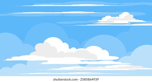 Sky with Clouds illustration in flat style. Sky and clouds background. Cloudy vector cartoon illustration in blue color. Nature abstract wallpaper.