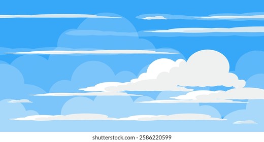 Sky with Clouds illustration in flat style. Sky and clouds background. Cloudy vector cartoon illustration in blue color. Nature abstract wallpaper.