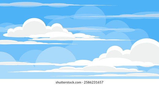Sky with Clouds illustration in flat style. Sky and clouds background. Cloudy vector cartoon illustration in blue color. Nature abstract wallpaper.