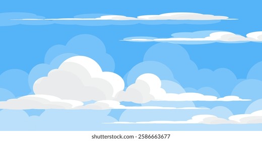 Sky with Clouds illustration in flat style. Sky and clouds background. Cloudy vector cartoon illustration in blue color. Nature abstract wallpaper.