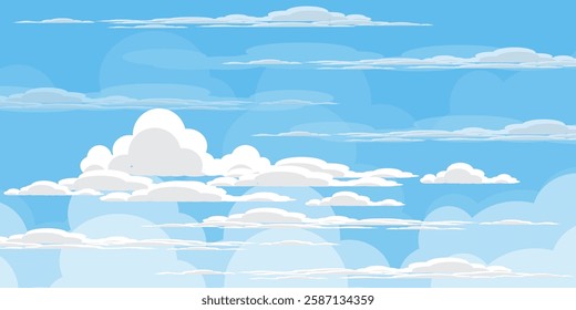 Sky with Clouds illustration in flat style. Sky and clouds background. Cloudy vector cartoon illustration in blue color. Nature abstract wallpaper.