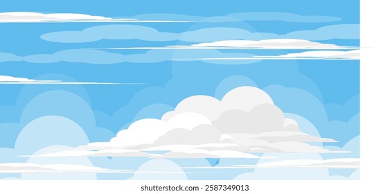 Sky with Clouds illustration in flat style. Sky and clouds background. Cloudy vector cartoon illustration in blue color. Nature abstract wallpaper.