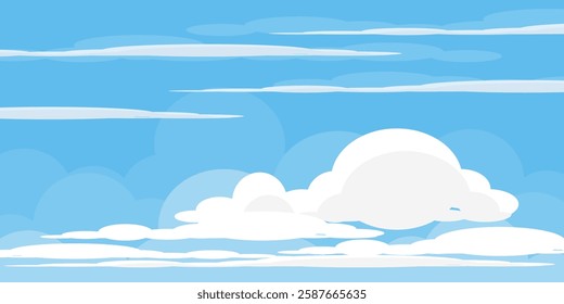 Sky with Clouds illustration in flat style. Sky and clouds background. Cloudy vector cartoon illustration in blue color. Nature abstract wallpaper.
