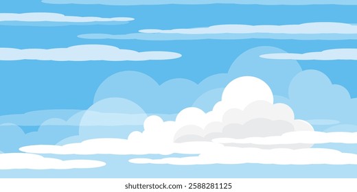 Sky with Clouds illustration in flat style. Sky and clouds background. Cloudy vector cartoon illustration in blue color. Nature abstract wallpaper.