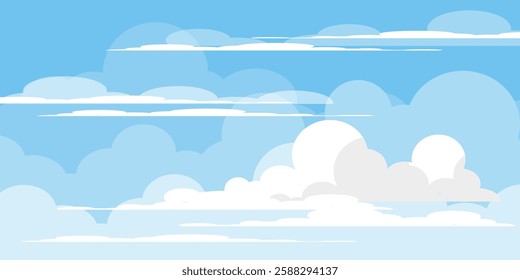 Sky with Clouds illustration in flat style. Sky and clouds background. Cloudy vector cartoon illustration in blue color. Nature abstract wallpaper.