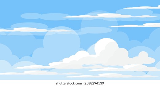 Sky with Clouds illustration in flat style. Sky and clouds background. Cloudy vector cartoon illustration in blue color. Nature abstract wallpaper.