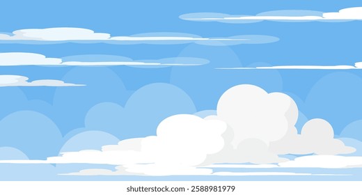 Sky with Clouds illustration in flat style. Sky and clouds background. Cloudy vector cartoon illustration in blue color. Nature abstract wallpaper