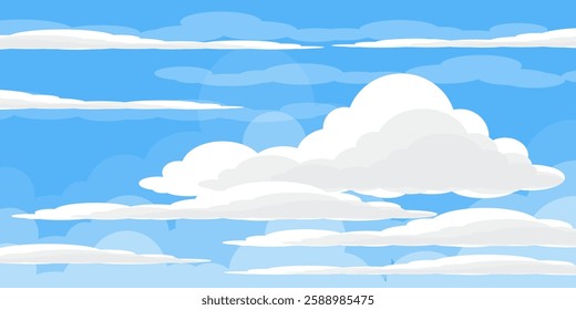 Sky with Clouds illustration in flat style. Sky and clouds background. Cloudy vector cartoon illustration in blue color. Nature abstract wallpaper
