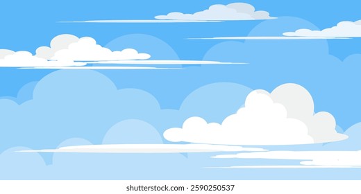 Sky with Clouds illustration in flat style. Sky and clouds background. Cloudy vector cartoon illustration in blue color. Nature abstract wallpaper.