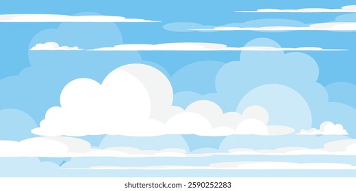 Sky with Clouds illustration in flat style. Sky and clouds background. Cloudy vector cartoon illustration in blue color. Nature abstract wallpaper.
