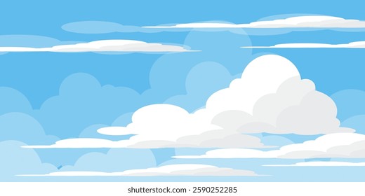 Sky with Clouds illustration in flat style. Sky and clouds background. Cloudy vector cartoon illustration in blue color. Nature abstract wallpaper.