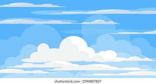 Sky with Clouds illustration in flat style. Sky and clouds background. Cloudy vector cartoon illustration in blue color. Nature abstract wallpaper.