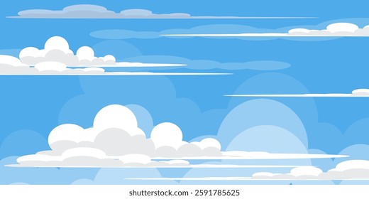 Sky with Clouds illustration in flat style. Sky and clouds background. Cloudy vector cartoon illustration in blue color. Nature abstract wallpaper.