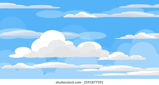 Sky with Clouds illustration in flat style. Sky and clouds background. Cloudy vector cartoon illustration in blue color. Nature abstract wallpaper.