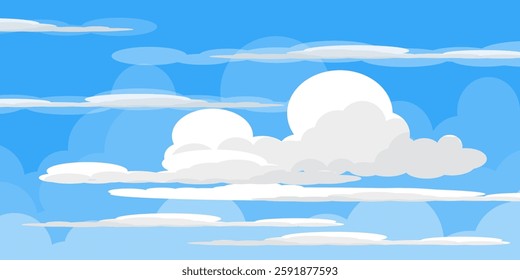 Sky with Clouds illustration in flat style. Sky and clouds background. Cloudy vector cartoon illustration in blue color. Nature abstract wallpaper.
