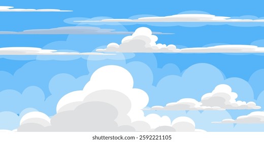 Sky with Clouds illustration in flat style. Sky and clouds background. Cloudy vector cartoon illustration in blue color. Nature abstract wallpaper.