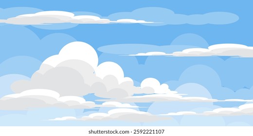 Sky with Clouds illustration in flat style. Sky and clouds background. Cloudy vector cartoon illustration in blue color. Nature abstract wallpaper.