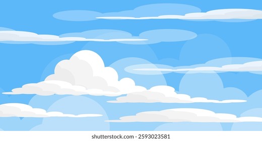 Sky with Clouds illustration in flat style. Sky and clouds background. Cloudy vector cartoon illustration in blue color. Nature abstract wallpaper.