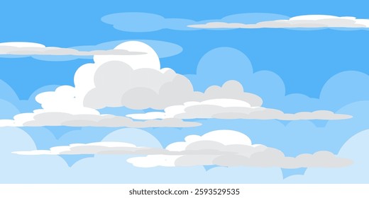 Sky with Clouds illustration in flat style. Sky and clouds background. Cloudy vector cartoon illustration in blue color. Nature abstract wallpaper.