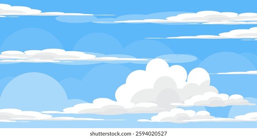 Sky with Clouds illustration in flat style. Sky and clouds background. Cloudy vector cartoon illustration in blue color. Nature abstract wallpaper.