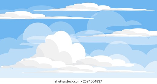 Sky with Clouds illustration in flat style. Sky and clouds background. Cloudy vector cartoon illustration in blue color. Nature abstract wallpaper.
