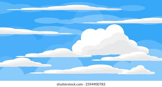 Sky with Clouds illustration in flat style. Sky and clouds background. Cloudy vector cartoon illustration in blue color. Nature abstract wallpaper.