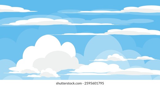 Sky with Clouds illustration in flat style. Sky and clouds background. Cloudy vector cartoon illustration in blue color. Nature abstract wallpaper.