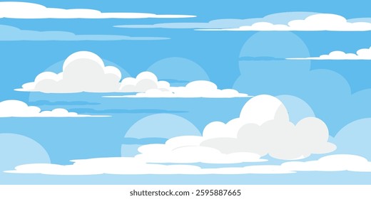 Sky with Clouds illustration in flat style. Sky and clouds background. Cloudy vector cartoon illustration in blue color. Nature abstract wallpaper.
