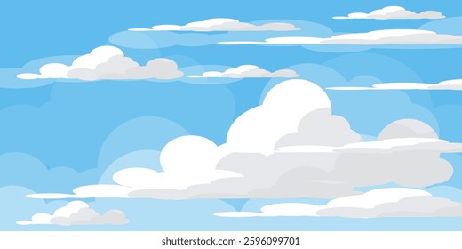 Sky with Clouds illustration in flat style. Sky and clouds background. Cloudy vector cartoon illustration in blue color. Nature abstract wallpaper.