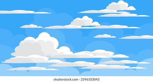 Sky with Clouds illustration in flat style. Sky and clouds background. Cloudy vector cartoon illustration in blue color. Nature abstract wallpaper.