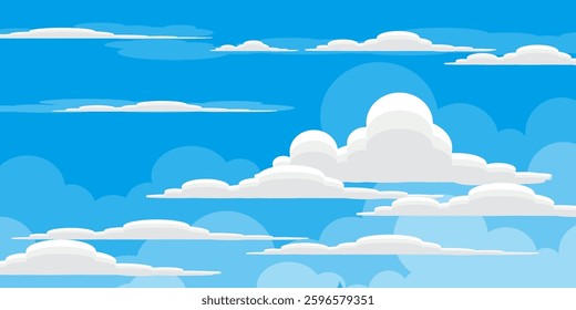 Sky with Clouds illustration in flat style. Sky and clouds background. Cloudy vector cartoon illustration in blue color. Nature abstract wallpaper.
