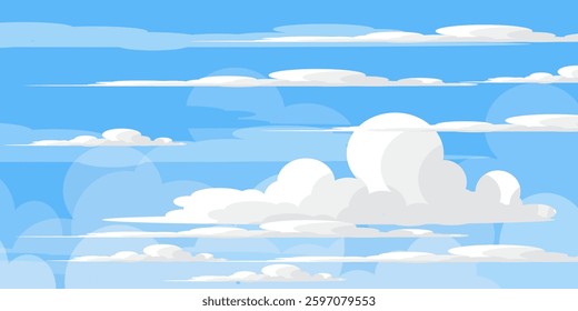 Sky with Clouds illustration in flat style. Sky and clouds background. Cloudy vector cartoon illustration in blue color. Nature abstract wallpaper.
