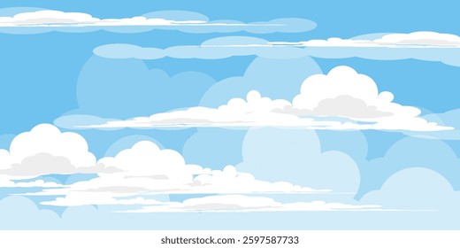 Sky with Clouds illustration in flat style. Sky and clouds background. Cloudy vector cartoon illustration in blue color. Nature abstract wallpaper.