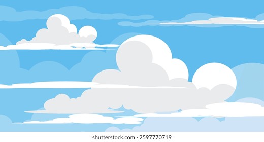 Sky with Clouds illustration in flat style. Sky and clouds background. Cloudy vector cartoon illustration in blue color. Nature abstract wallpaper