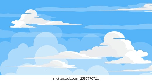 Sky with Clouds illustration in flat style. Sky and clouds background. Cloudy vector cartoon illustration in blue color. Nature abstract wallpaper