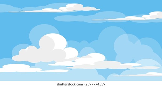 Sky with Clouds illustration in flat style. Sky and clouds background. Cloudy vector cartoon illustration in blue color. Nature abstract wallpaper